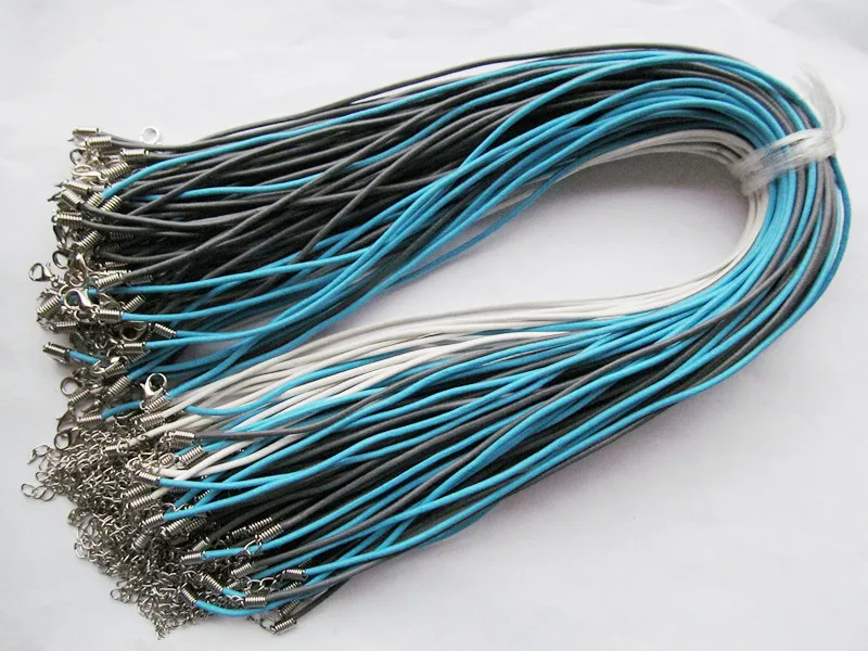 100pcs 2mm 16-18inches Adjustable Baby Blue Genuine Leather Necklace Cord Rope String,1.8inch Extender Chain12x7mm Lobster Clasp