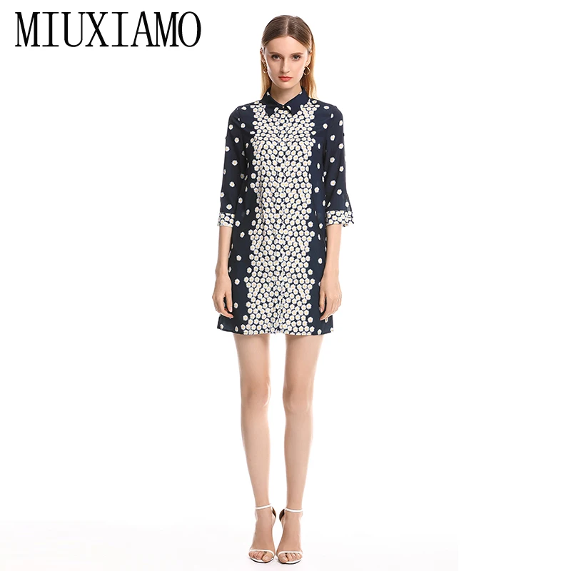 

MIUXIMAO 2023 Spring Summer Dress New Arrival Daisy Floral Print Eleghant Turn-down Collar Silk Casual Dress Women Vestides