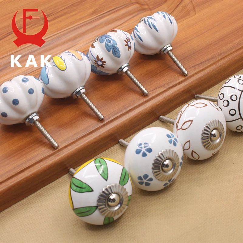 KAK 40mm Hand-painted Ceramic Drawer Knobs Porcelain Pumpkin Cabinet Knobs Cupboard Handles with base for Kids Furniture Handle