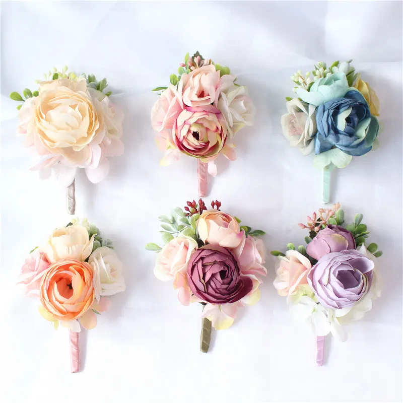 YO CHO Bridesmaid Decor Mini Rose Flowers Head Wrist Flowers and Boutonnieres Set Bride Decorations Wedding Bouquet Peony Brooch