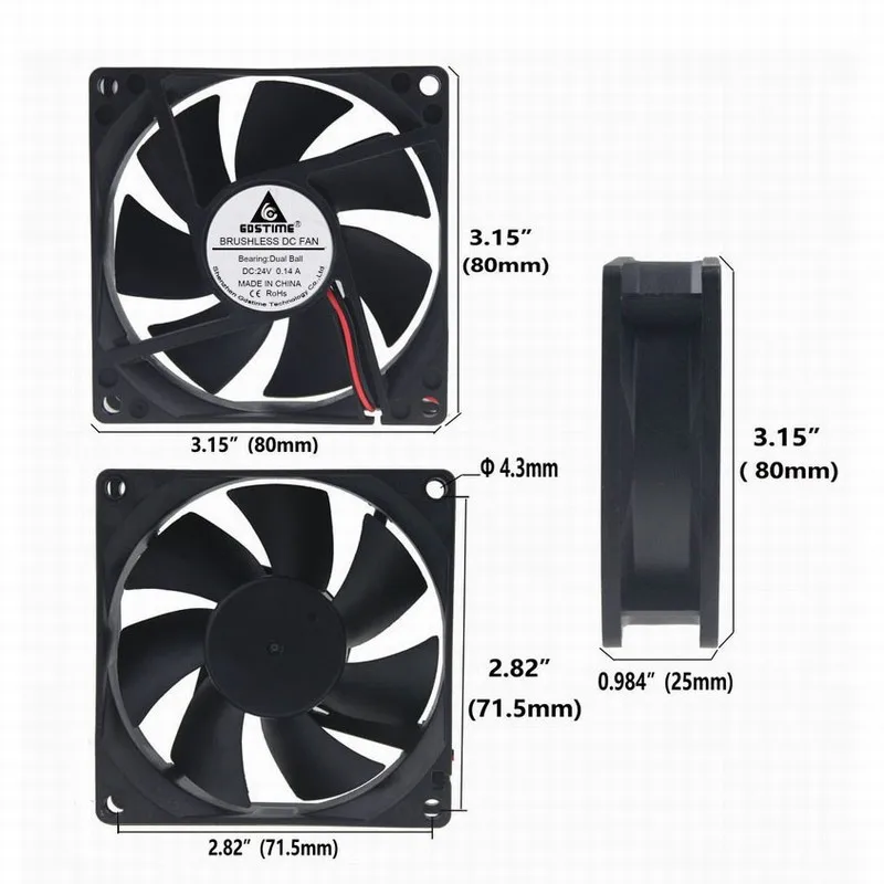 Gdstime 10 Pieces 24V Two Ball 8cm Motor DC Cooling Fan 80mm x 25mm 8025 Computer Case Cooler 80mm*80mm*25mm