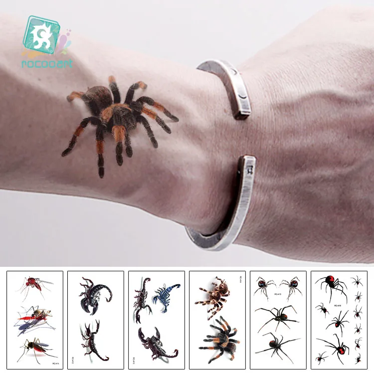 Rocooart-tatuaje de araña 3D, pegatinas temporales de escorpión para Halloween, Tatuajes falsos, arte corporal, Tatuajes de broma, Tatuajes temporales