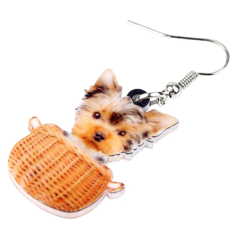 Bonsny Acrylic Sweet Basket Of Tiny Yorkshire Terrier Dog Earrings Dangle Drop Cartoon Animal Jewelry For Women Girls Wholesale