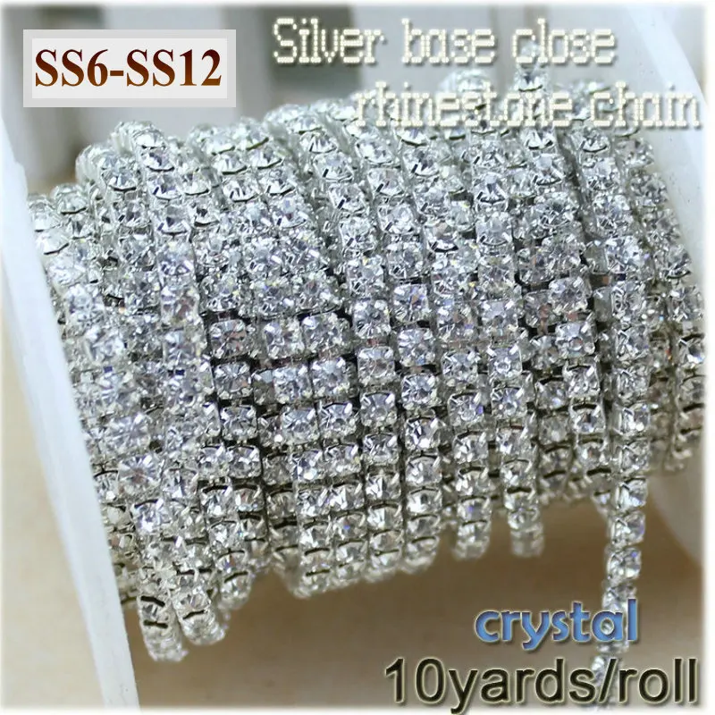 10 jardas/rolo de cristal claro SS6-SS16(2mm-4mm) base de prata copo de cobre strass corrente vestuário costura estilo diy beleza acessórios