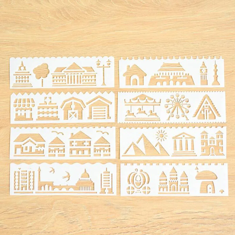 

8pc Openwork House Stencil Painting Template Coloring Embossing Building Accessories Scrapbooking Decor Supplies Reusable