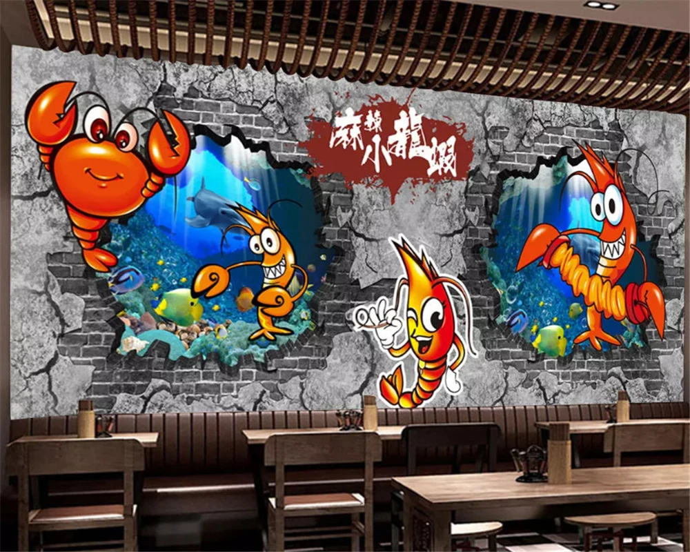 beibehang wall paper Custom retro hand-painted creative spicy shrimp restaurant background decorative painting stereo wallpaper