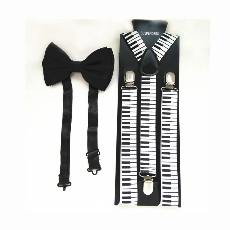 Unisex Piano Key Suspender Bowtie Set  Y-Shape Suspenders Bow Tie Sets for Men Women for Wedding Match Shirt Accessories LB032