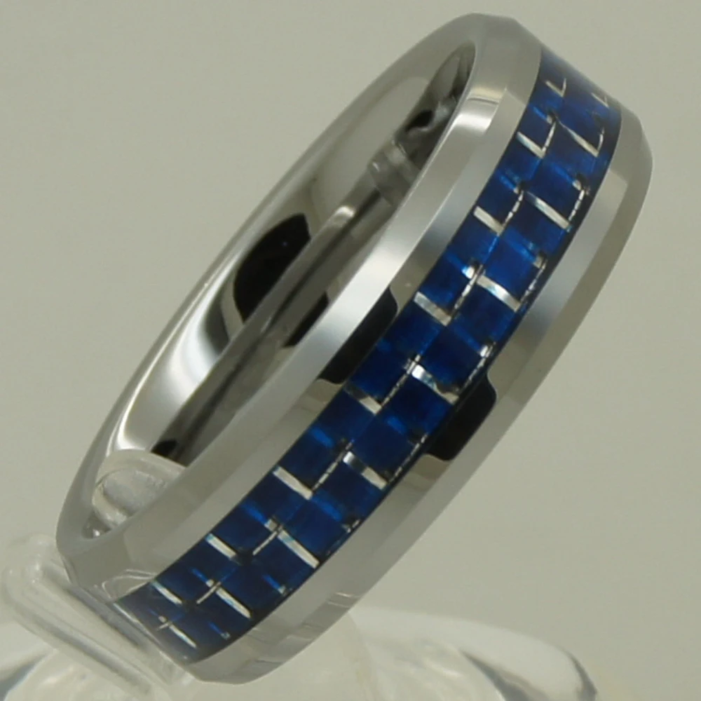 8mm blue carbon fiber inlayed small bevel men/women hi-tech scratch proof wedding tungsten ring