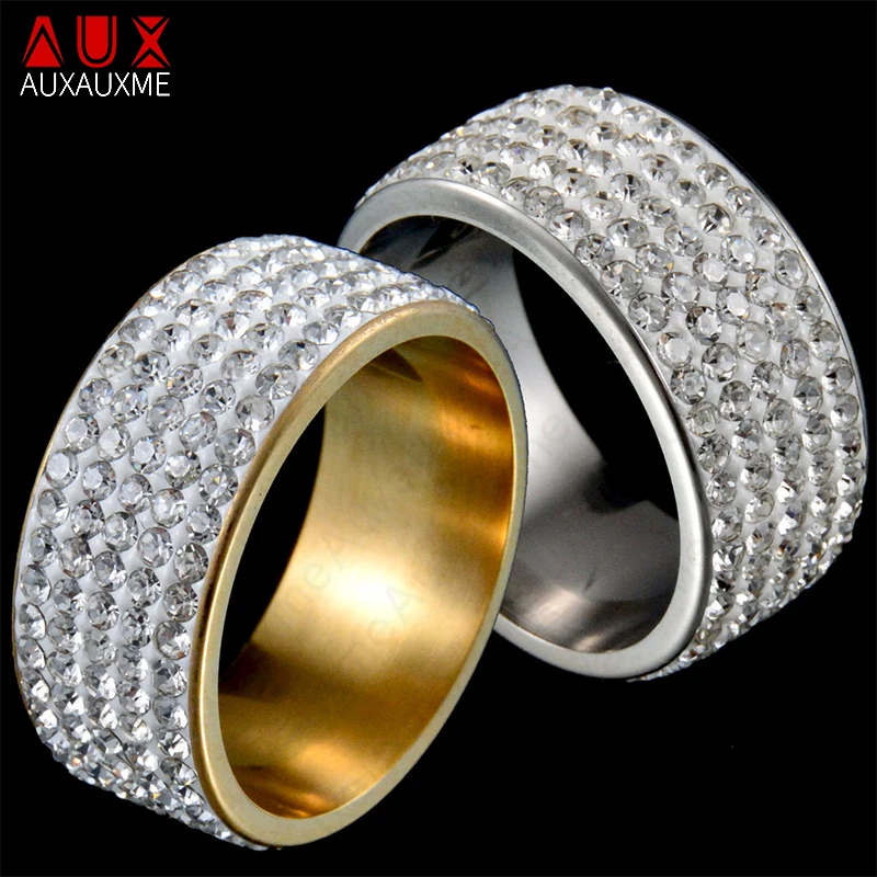Auxauxme 5 Row Lines Clear White Stones Wedding Rings For Women Stainless Steel Fashion Zircon Shinny Rings Jewelry Gifts