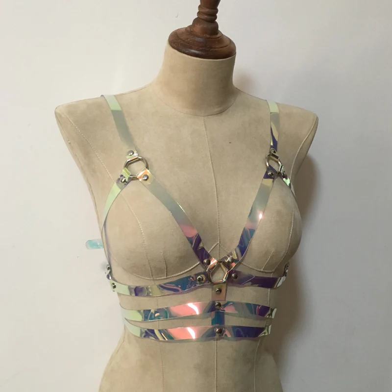 Soutien-gorge sexy en vinyle holographique unisexe, SFP, arc-en-ciel, ceinture en cage, sangles de taille pour femmes