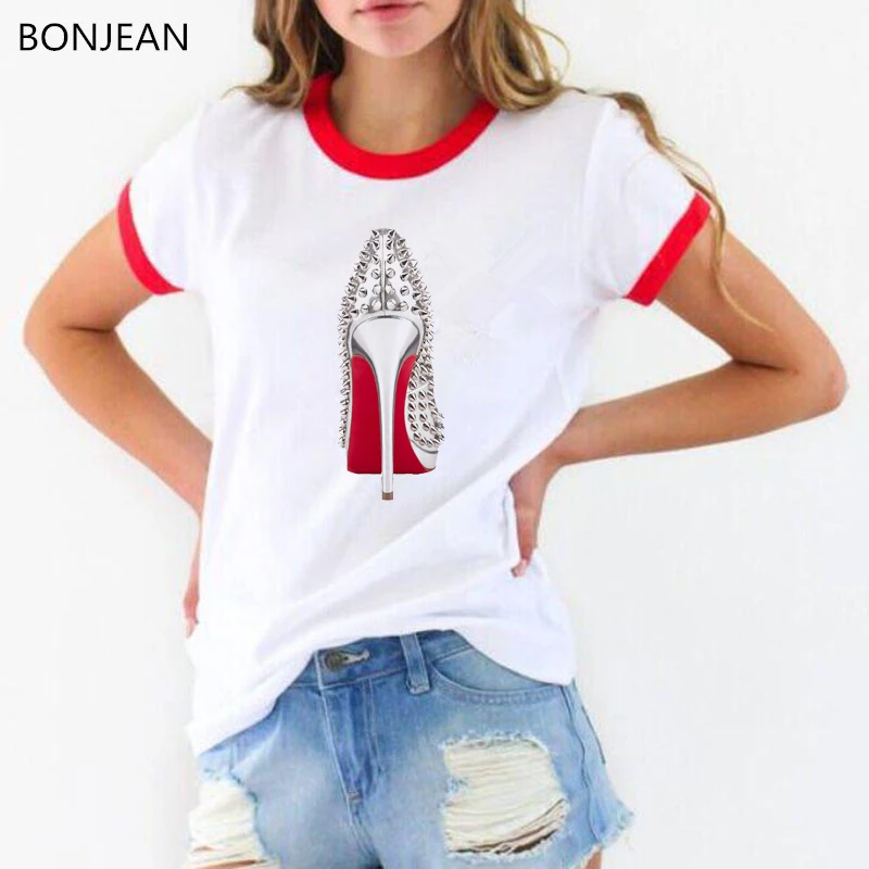 Fashion High Heels Shoes Printed Tshirt Women Harajuku Punk Shirt 90s Hipster Tops Tees White T Shirt Cool Streetwear