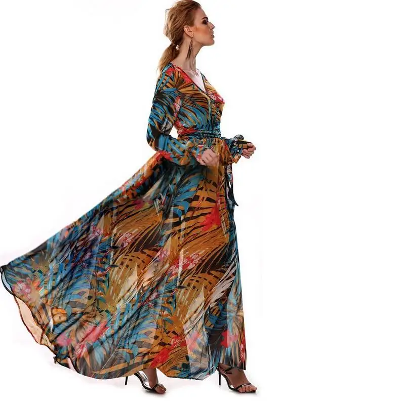 فستان صيفي دانتيل بأكمام طويلة مقاس كبير فستان صيفي جديد للسيدات مقاس كبير بياقة على شكل V من الشيفون فستان طويل ريترو فيستدوس G49