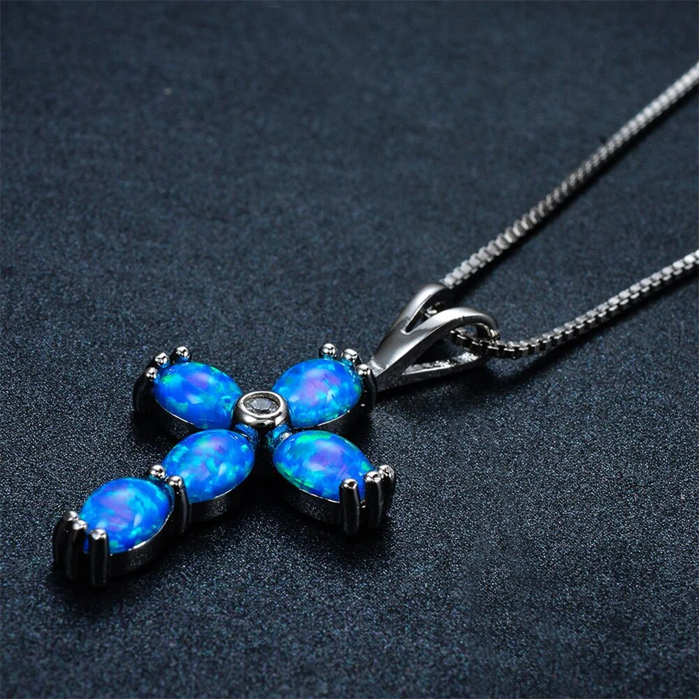 WalerV Vintage Blue Fire Imitation Opal Cross Pendant Necklaces For Women High Quality  Sterling  Belief Christian Gift