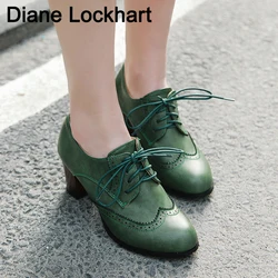 2024 Donne di Autunno Oxford Lace Up Scarpe Vintage Punta Rotonda Donne Stivaletti Inghilterra Stile tacchi alti Signore Chaussure femme 42 43