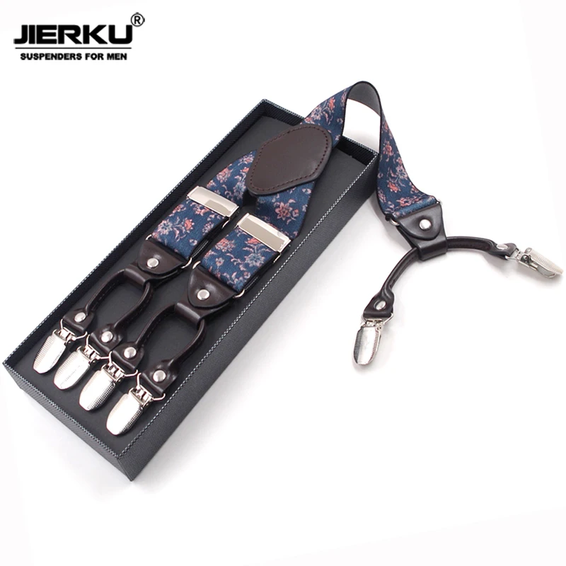 JIERKU Bretels Man Braces 6 Clips Suspensorio Mode Elasticiteit Broek Strap Vader/Echtgenoot Gift 3.5*120 cm JK6C02