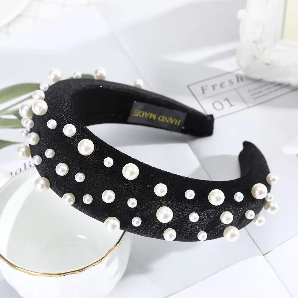 AWAYTR Pearl Headband Special Design Pearl Stone Velvet Hairbands Handmade Women Crown Sponge Thick Head Hoop for Girls