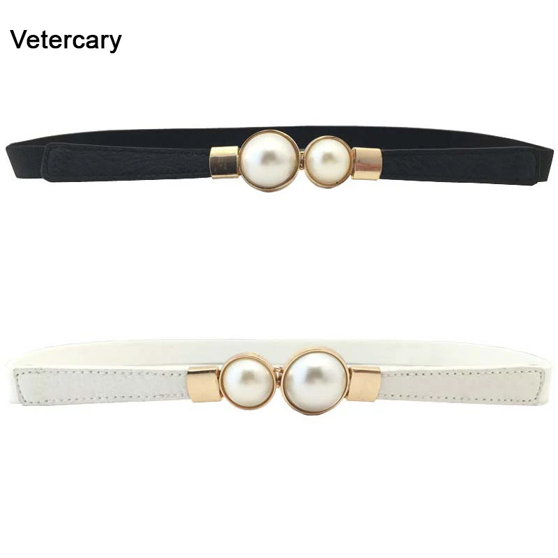 Hot Sale Pearl Belts For Women red PU Leather thin Design Woman waistaband Stylish Narrow Strap For Jeans Dress cinturon mujer