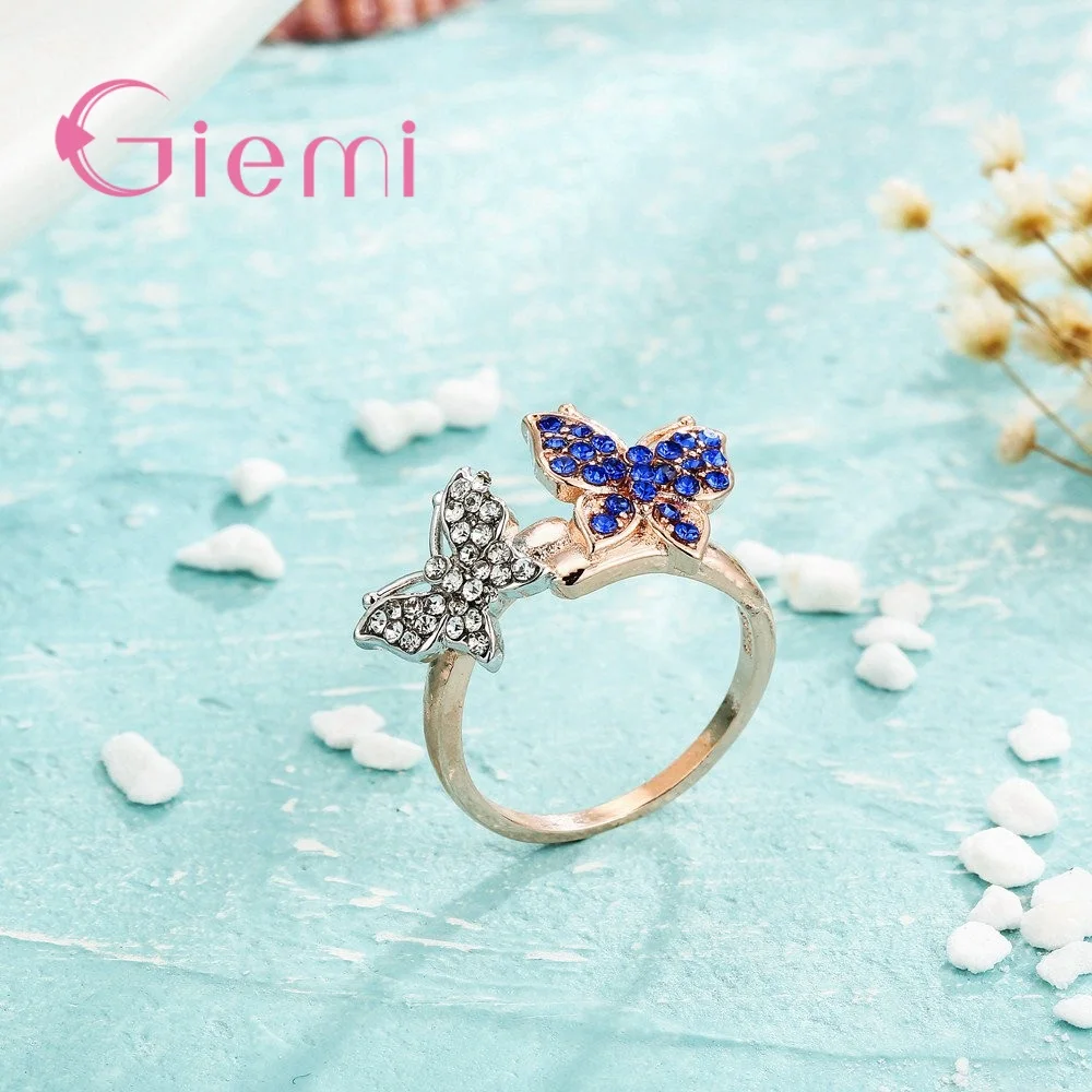 New Fashion Top Selling Rose Gold Color Finger Rings For Women Female Two Pretty Butterfly Hard Cubic Zirconia Jewelry