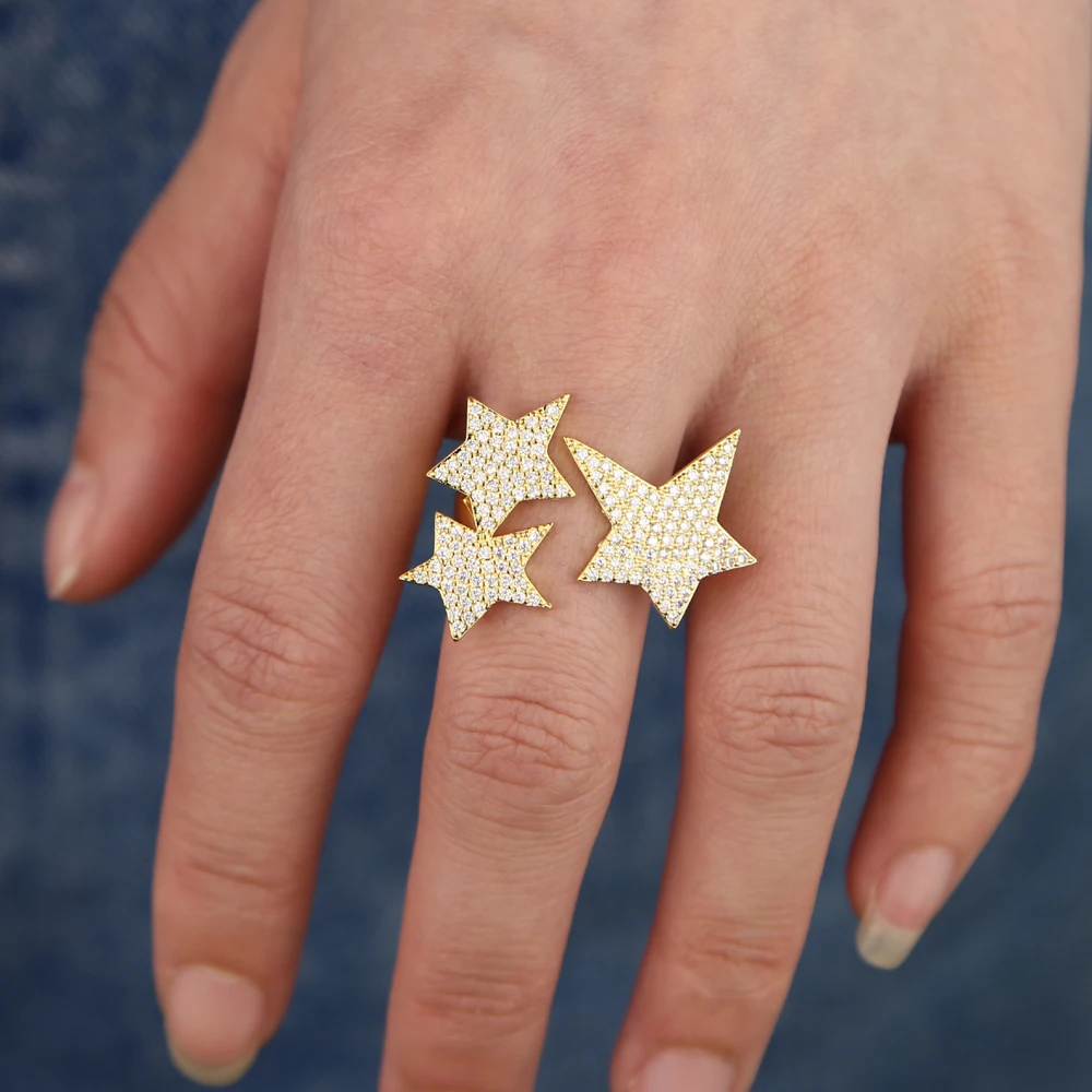 adjustable size Hip Hop Five Star Rings woMen\'s Gold Silver Color multicolored Cubic Zircon Jewelry Ring Gifts