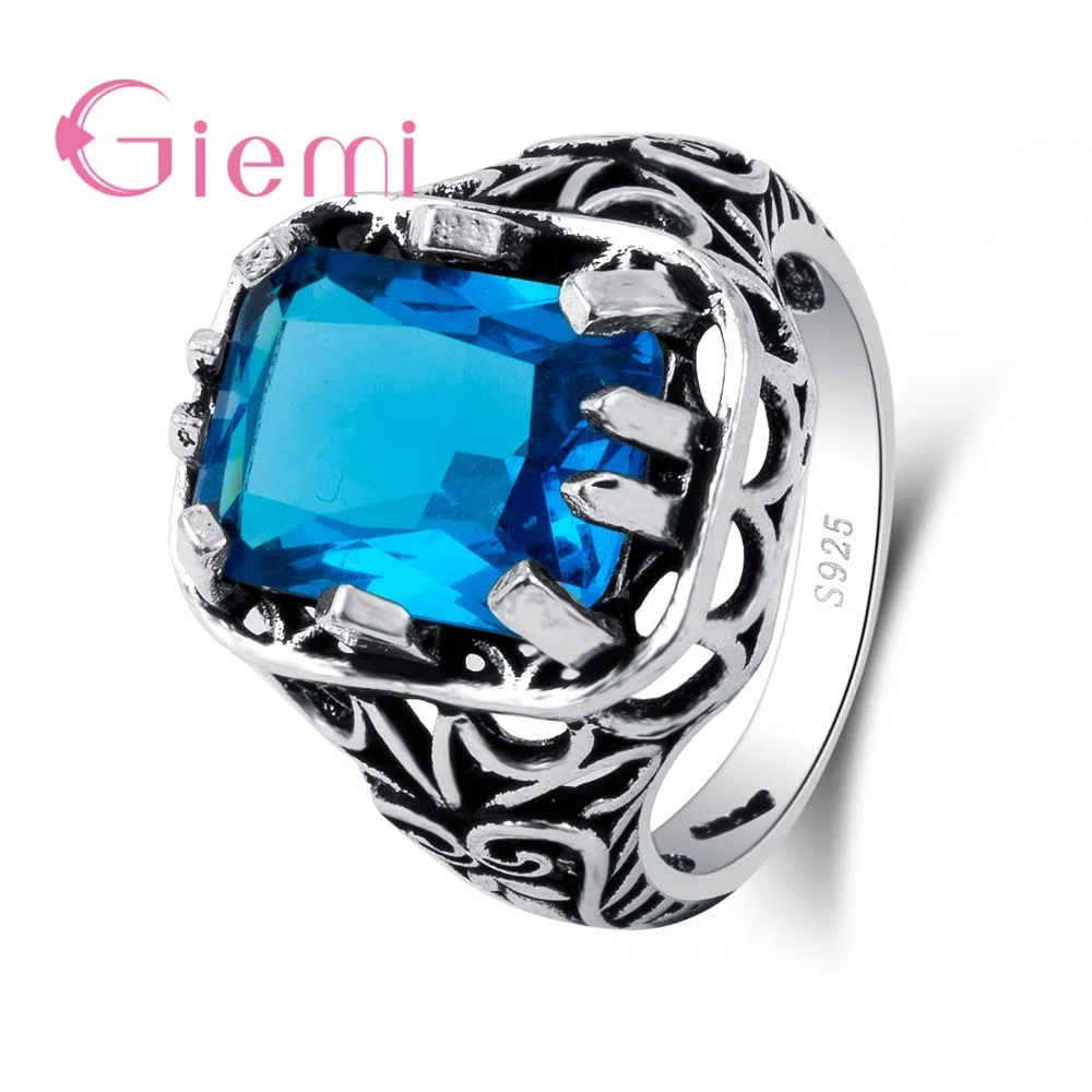 Big Square Chic Jewelry Classic Reto Rings for Women Paved Ocean Blue Zircon Stone Top Rated 925 Sterling Silver  Anillos