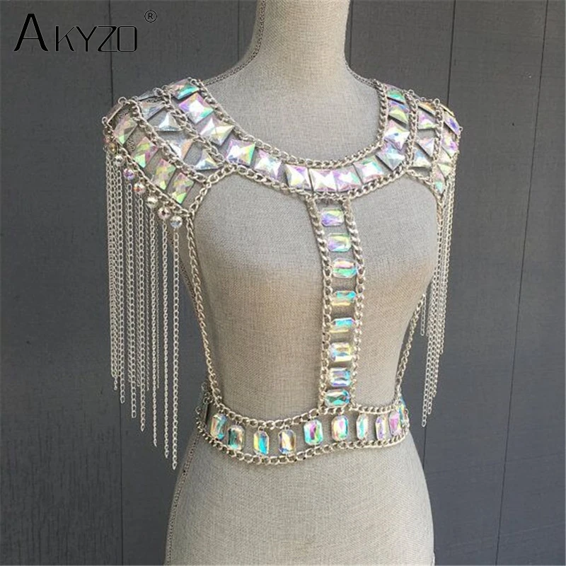 AKYZO Crazy Crystal Sequin Women 2 Piece Sets Funny Festival Outfits Handmade Patchwork Metal Tassel Chain Crop Top Women\'s Set