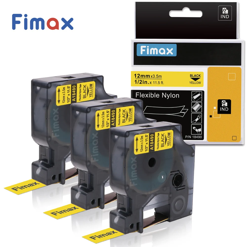 Fimax 2 Pcs Compatible for Dymo Rhino Flexible Nylon Label Tape 18490 18488 Yellow / White 12mm DYMO RhinoPro IND Label Printer