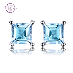 925 Sterling Silver Square Cut Natural Sky Blue Topaz Beauty Stud Women's Earrings Fine Jewelry FCGJHW