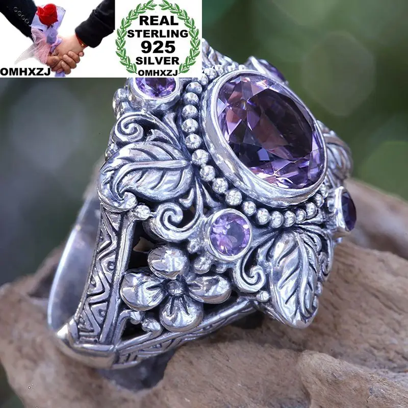 OMHXZJ Wholesale European Fashion Woman Man Party Wedding Gift Silver Purple Leaves Flower Amethyst AAA Zircon Taiyin Ring RR320