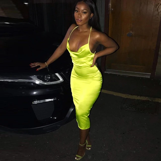 BKLD Bandage Long Summer Slip Dress Women Bodycon Coral Neon Green Satin Party Dress 2019 Elegant Women Trendy Sexy Club Dresses AliExpress