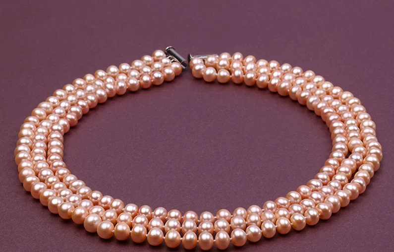 

3 Layers 6-7mm Pink Freshwater Pearl Necklace Real Natural pearl Handmade Gift