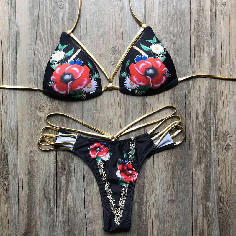 Sexy 2019 New Bikini Set Women Push Up Biquini Swimwear Vintage Floral Printed Swimsuit Padded Female Backless Bathing Suit T01