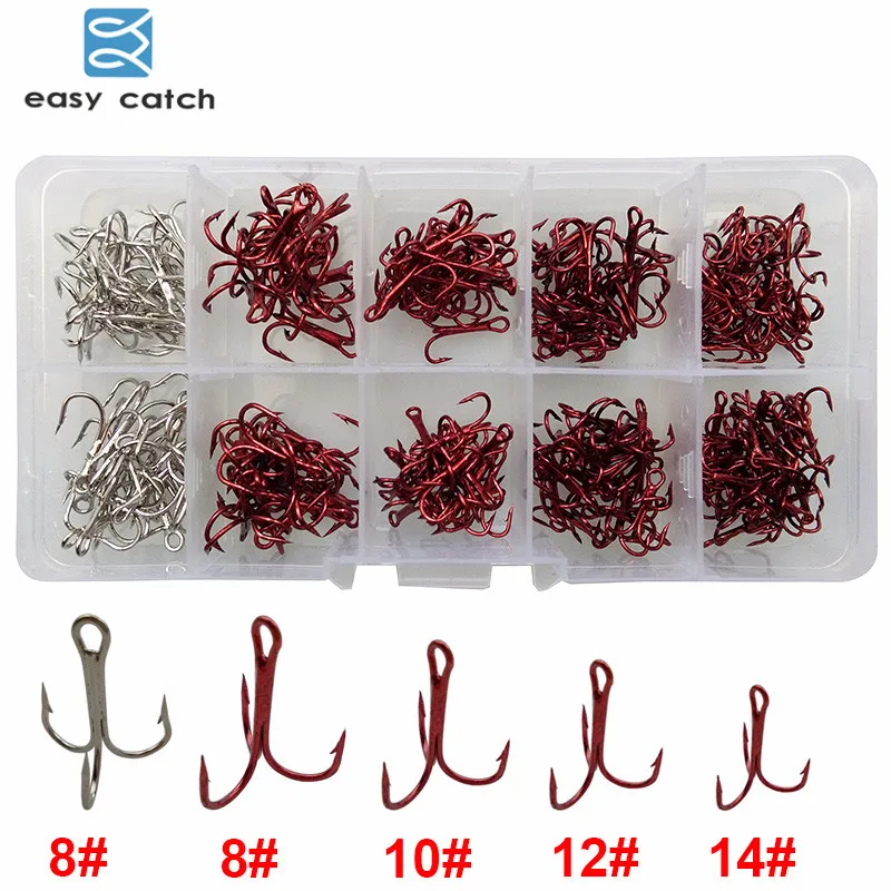 Easy Catch 210pcs/set 35647 Treble Fishing Hooks Small Short Shank Round Bend Triple Hard Lure Spoon Fishhook Set With Box