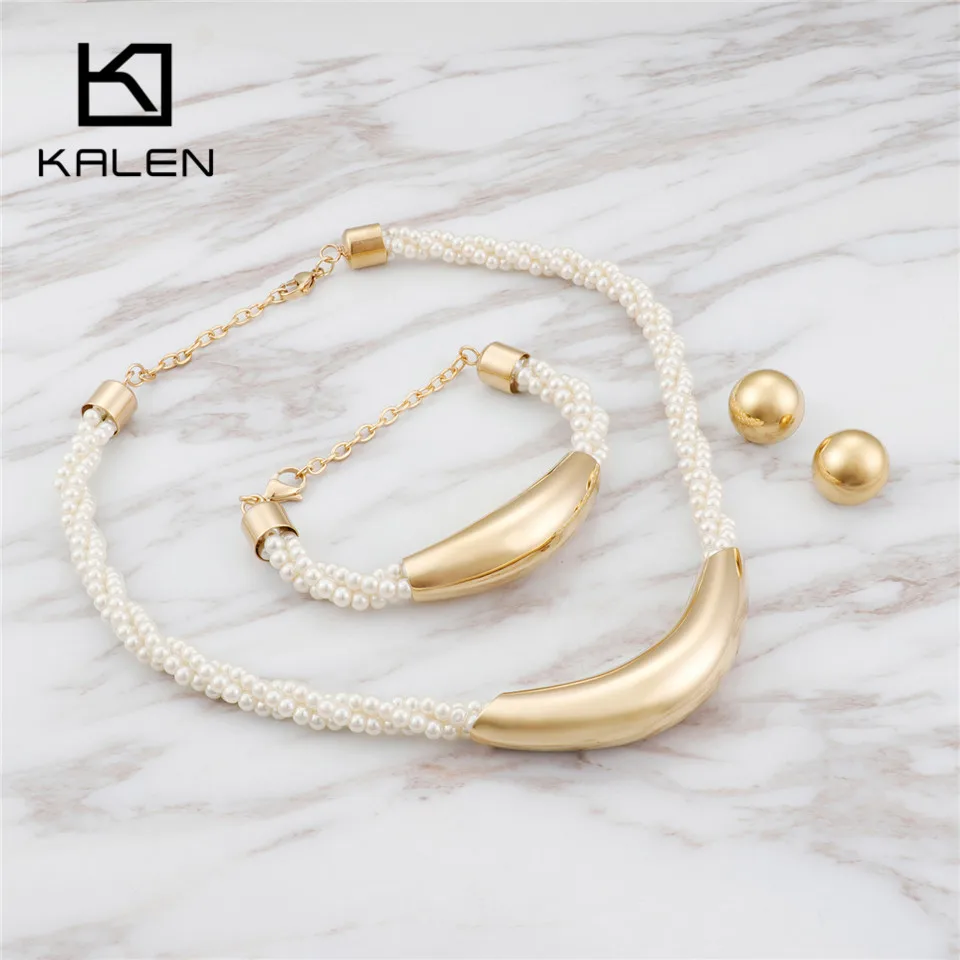 KALEN Bohemia Plastic Pearl Jewelry Set For Women Stainless Steel Plastic Twisted Chain Choker Necklace Bracelet Earrings Set