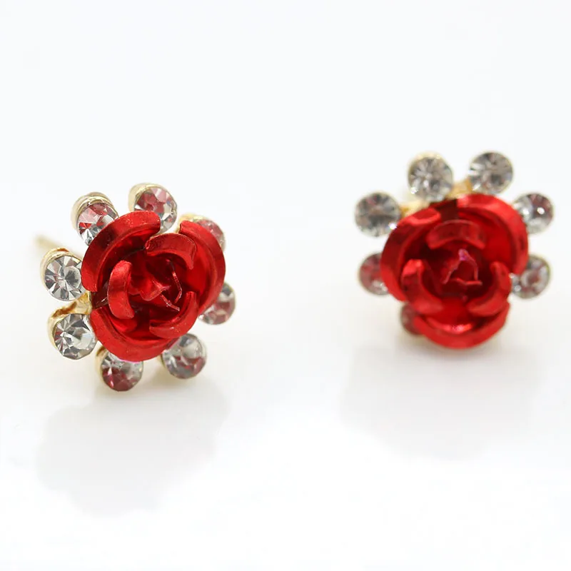 New Fashion Gold Color Rhinestones Earrings For Women Heart-shaped Crystal Red Rose Flower Stud Earrings Valentine\'s Day Gift