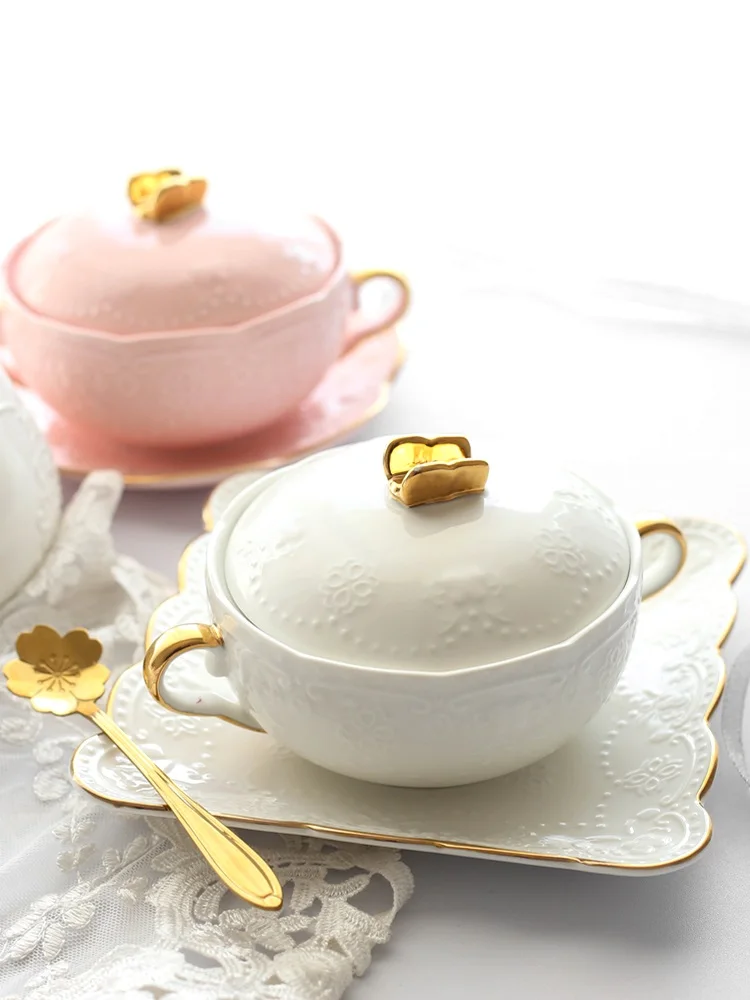 Bird's nest bowl dessert  European style palace golden edge double ear l ceramic cover stewed cup tremella bowl soup bowl