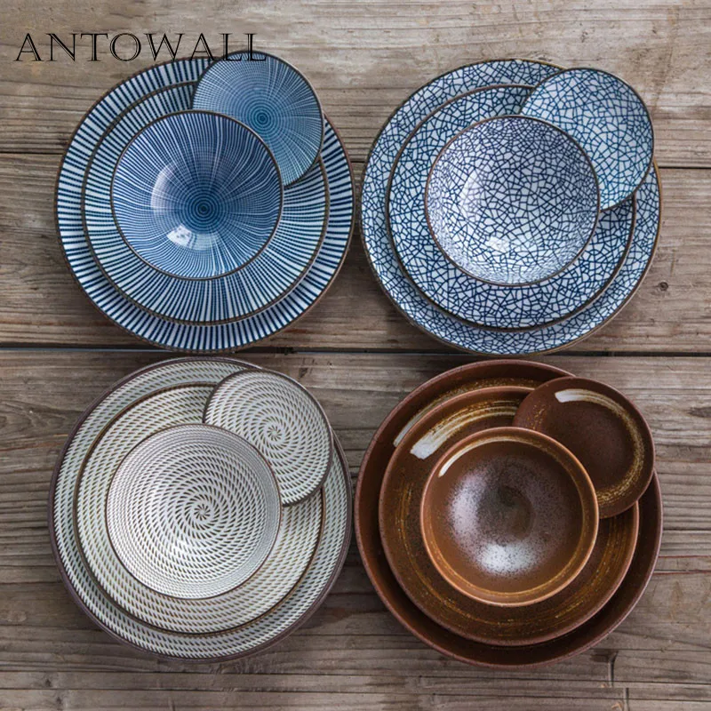 ANTOWALL 7pcs/set Japanese Style Ceramic Dinnerware Set Blue Kitchen Tableware Included Bowls Dishes Plates