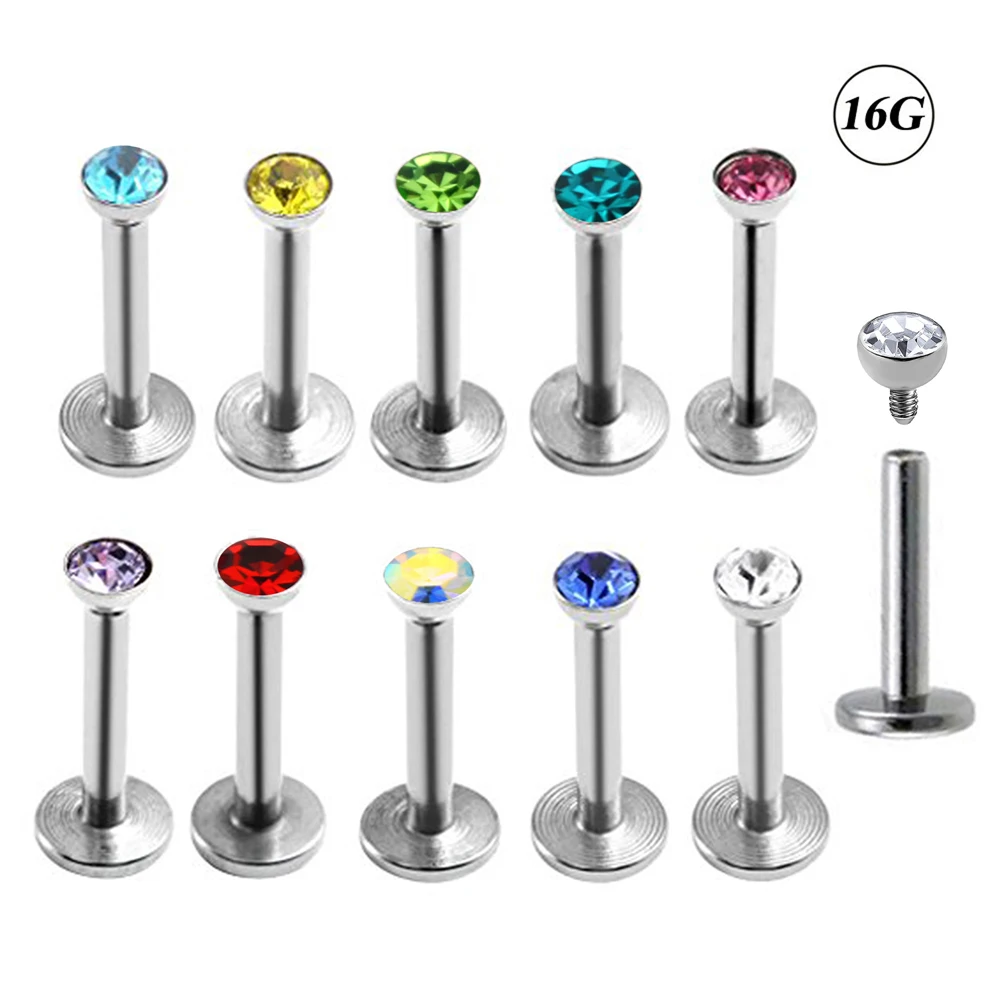 

16g Steel Labret Stud Lip Ring CZ Crystal Gem Helix Monroe Ear Tragus Cartilage Piercing Jewelry Internally Threaded Pick Color