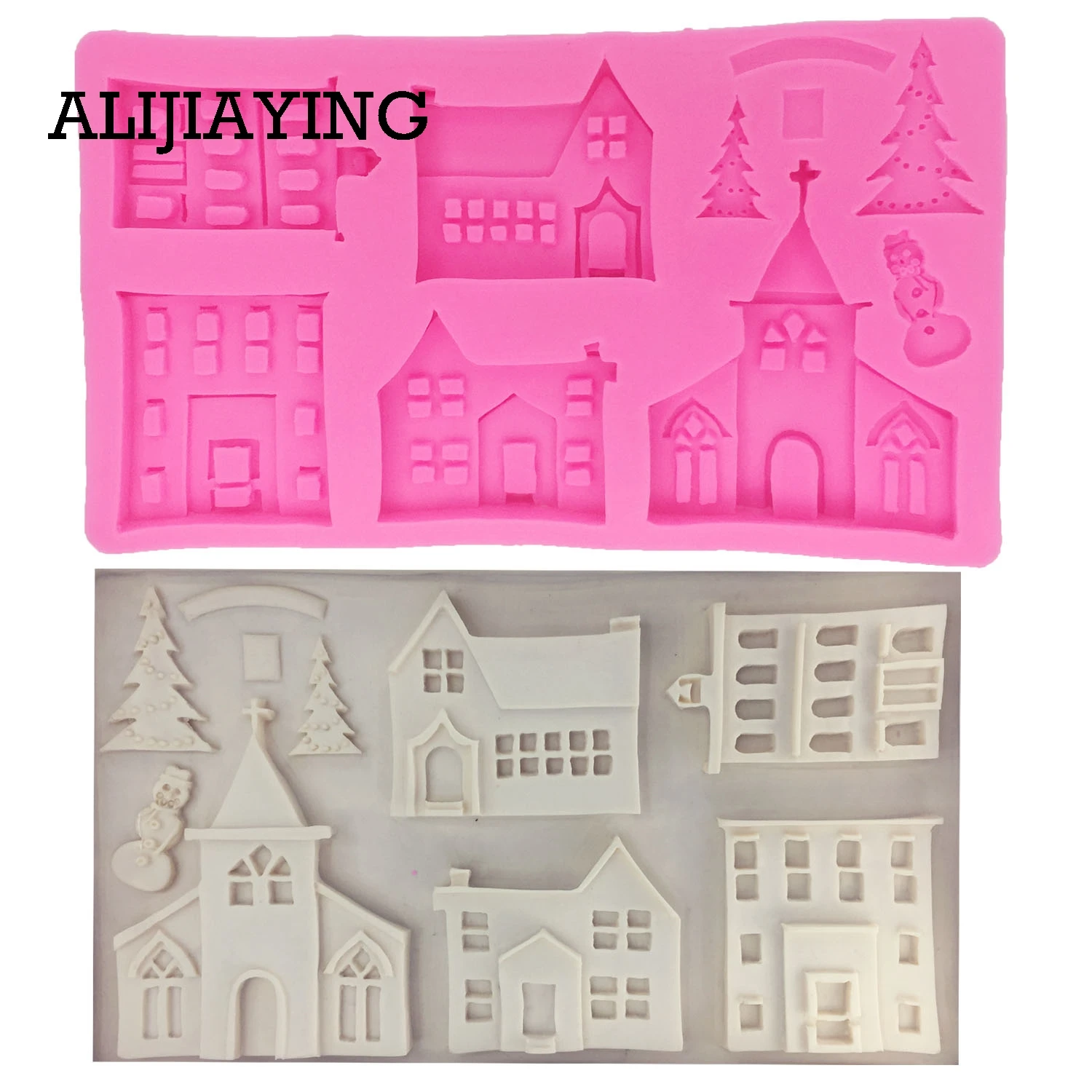 M1378 House castle mould DIY Cake Silicone Fondant Mold Snowman tree Cake Decorating tools Chocolate Sugar Craft Resin Clay Mold