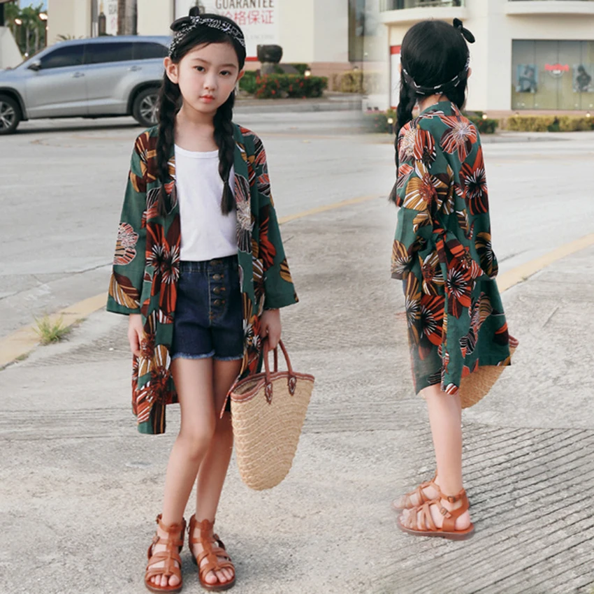 Kids Girls Summer Thin Sunscreen Cardigan Japanese Harajuku Loose Kimono Yukata Haori Coat Toddler Girls Bohemian Jacket