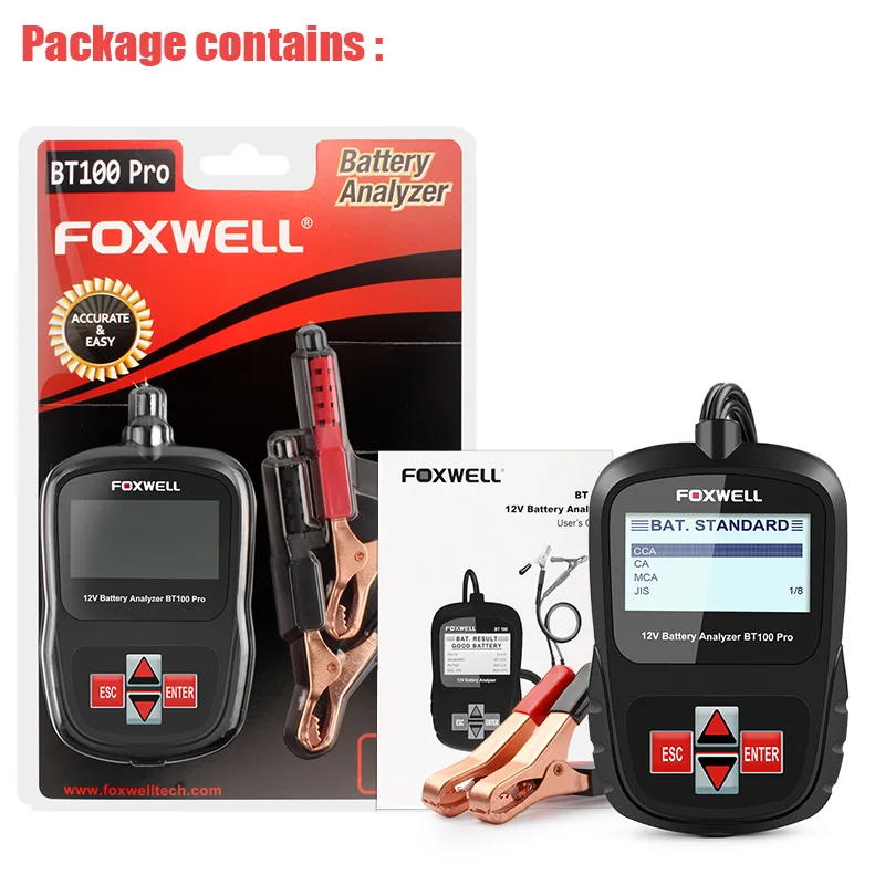 FOXWELL BT100 Pro 12V Car Battery Tester for Lead Acid Flooded AGM GEL 12V Digital Battery Analyzer 100-1100CCA Diagnostic Tools