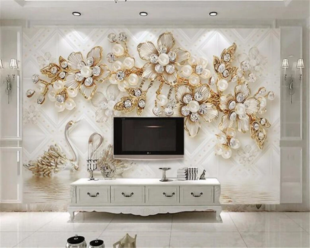 

beibehang Custom wallpaper 3d stereo luxury swan flower soft bag jewelry living room TV background wall paper 3d Papel de parede