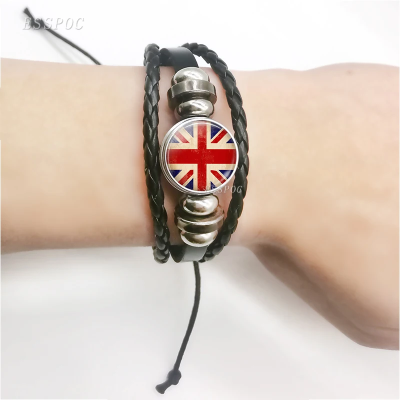 Fashion British Flag  Multi-layered Braided Bracelets ,  Glass Cabochon Black Union Jack Leather Bracelets , Creative Gifts