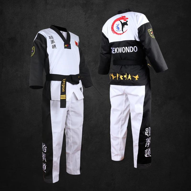 High Quality Black Red Taekwondo Uniform  Training Taekwondo Suits Embroidery Uniforms Poomsae dobok WTF approved Size 160-190cm