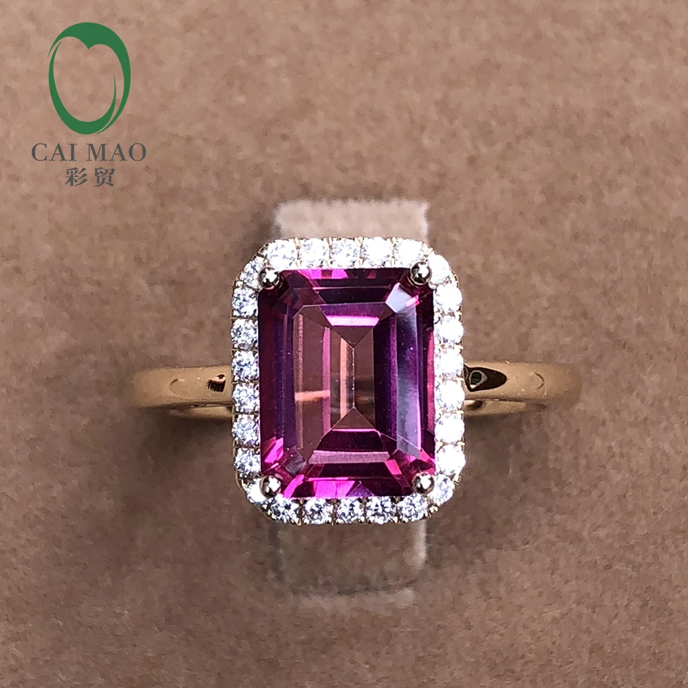 Caimao 14k Yellow Gold 7x9mm Emerald Cut Pink Topaz 2.61ct Pave Set Halo Diamond Engagement Ring