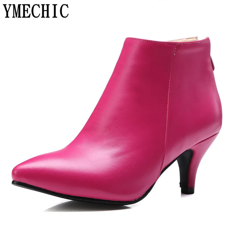 YMECHIC Autumn Pink Black Beige Large Size Shoes Women High Heel Ankle Boots Concise Sexy Leather Lady Thin Med Heels Pumps Boot