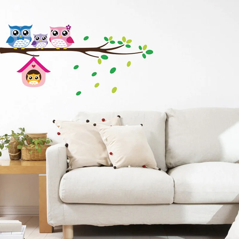 Cartoon Owl Family On Tree Wall Stickers For Kids Rooms Home Decoration Nursery Mural Art Decals Cute Animals Sticker Wallpaper