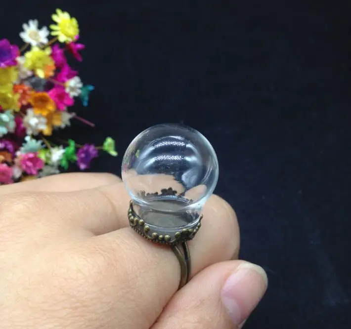 100pcs 20*15mm glass globe bronze ring flower finding glass global glass vial bottle diy pendant glass cover dome findings ring