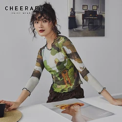 Cheerart Mesh Vintage Crop Blouse Long Sleeve Summer Top Print Disco Dancing Bodycon Designer Top Ladies Clothing