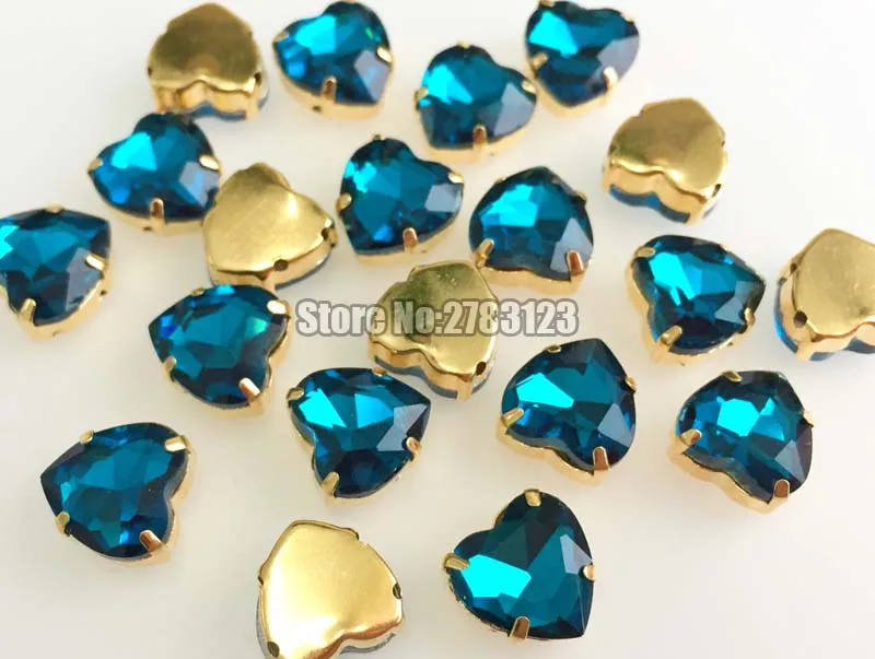 Gold bottom peacock blue heart shape AAA Glass Crystal sew on claw stones,flatback loose rhinestones Free shipping SWHJ013