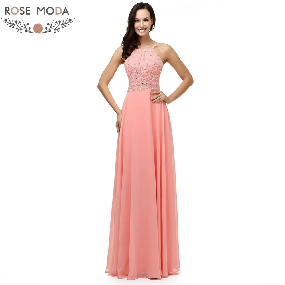 Rose Moda Bling Thin Straps Crystal Beaded Peach Floor Length Evening Dress